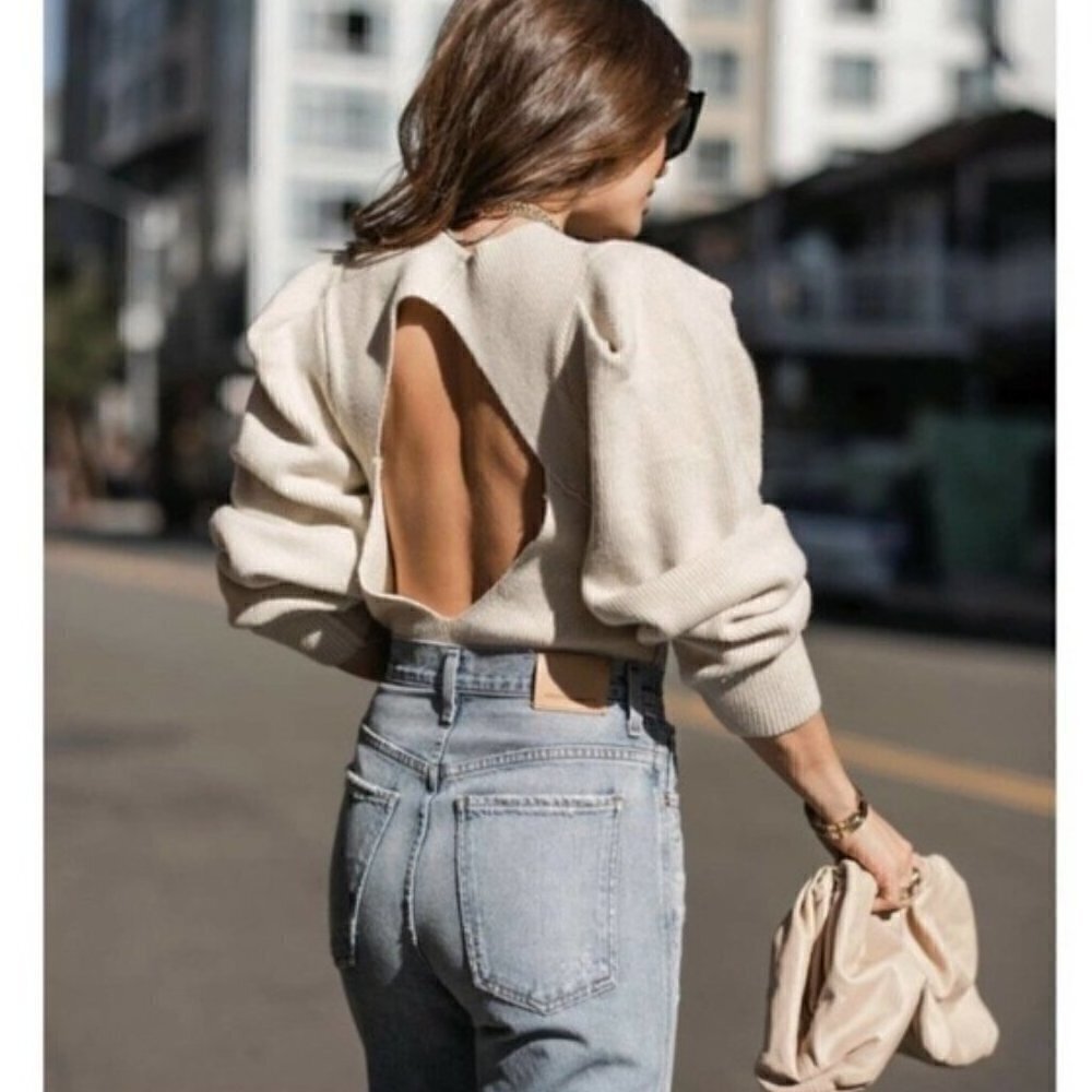 FREE PEOPLE Saffron Open Back Sweater in Oatmeal Size Large